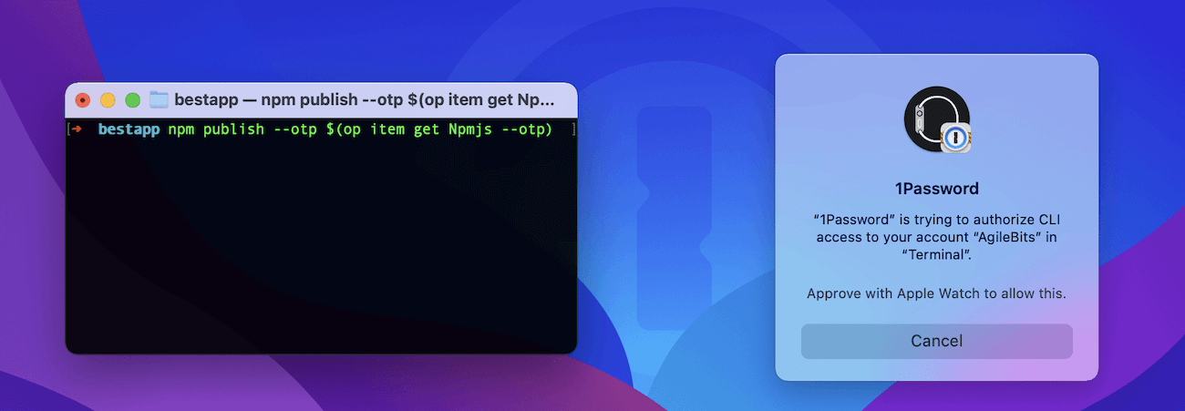 Popup window authorizing 1Password CLI with Apple Watch