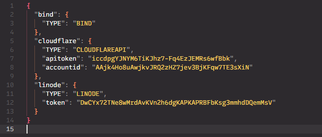 Code editor displaying code for creds.json file with Bind, Cloudflare, and Linode variables, including API token