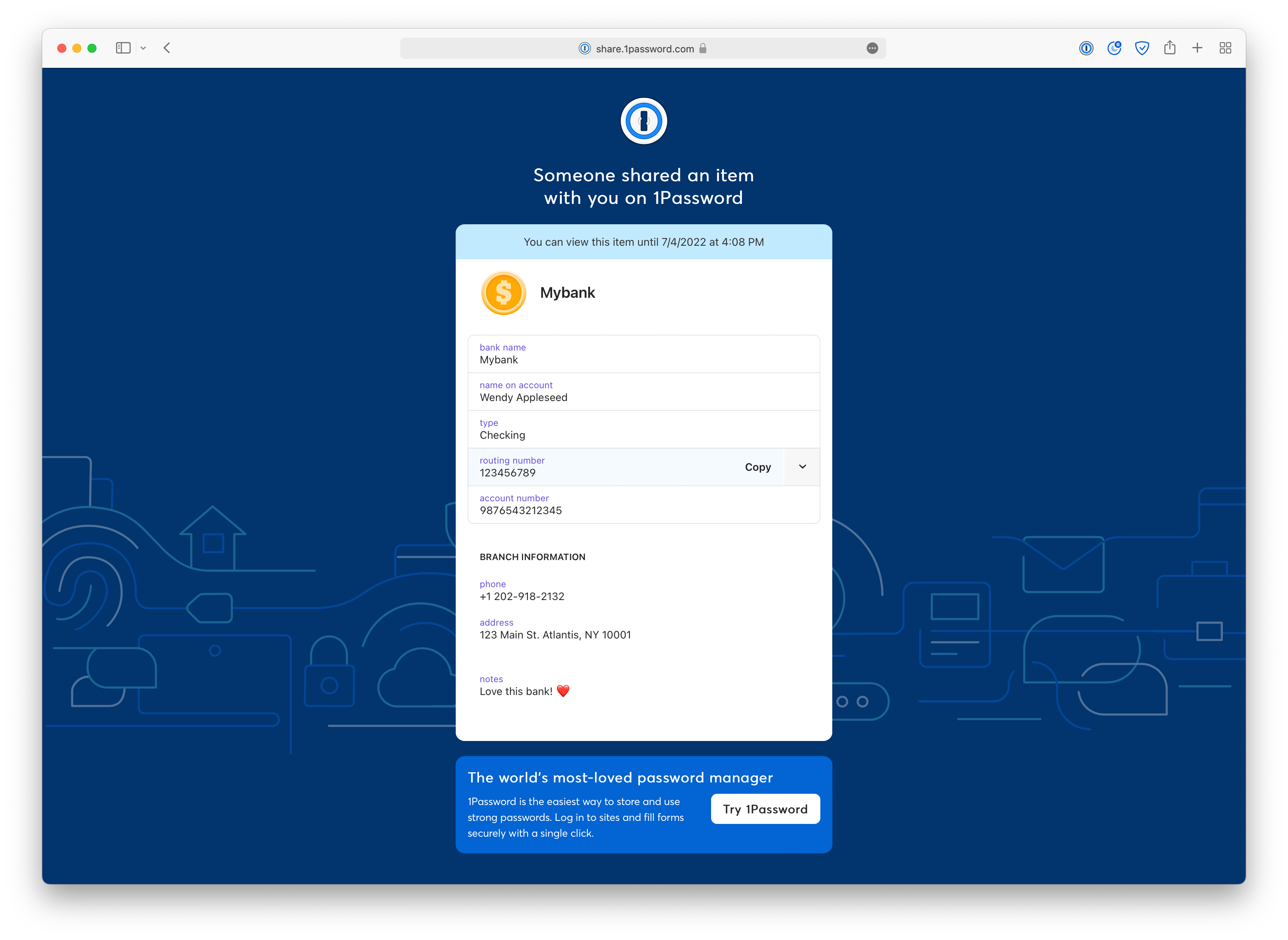 Recipient view of bank account shared with 1Password
