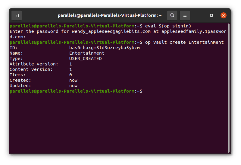Ubuntu terminal with 1Password commands for signing in and creating a 1Password vault