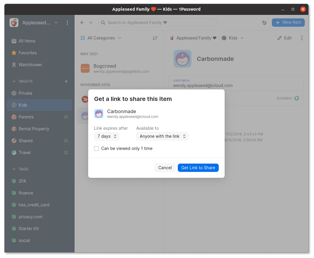 1Password for Linux with Carbonmade item shown and secure sharing options visible