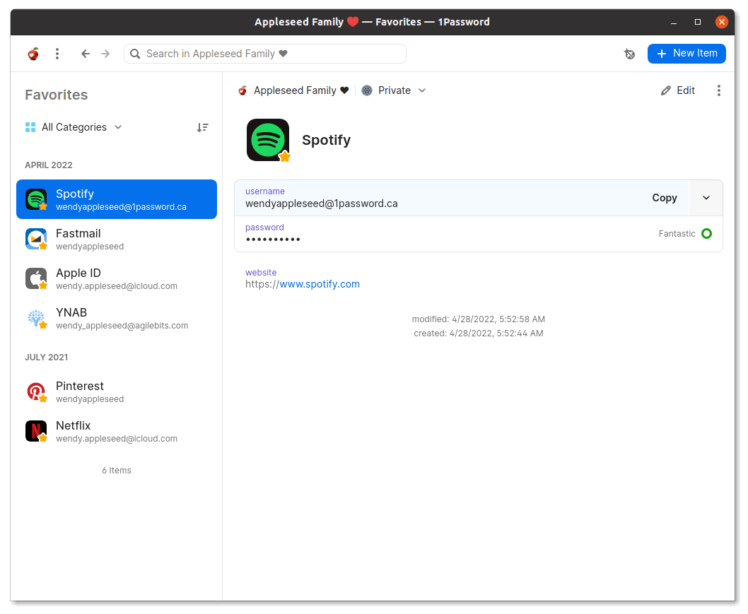 1Password for Linux window with Spotify item shown and hidden sidebar