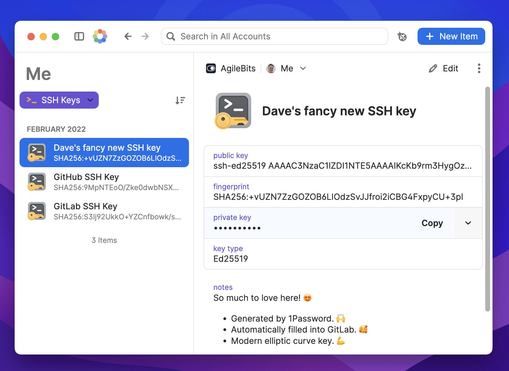 SSH key item in 1Password