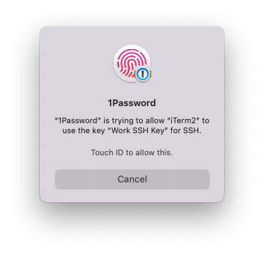 Focused 1Password for Mac Touch ID authentication window displaying the text '1Password is trying to allow iTerm2 to use the key Work SSH key for SSH'