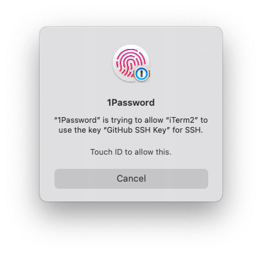 Unfocused 1Password for Mac Touch ID authentication window displaying the text '1Password is trying to allow iTerm2 to use the key GitHub SSH key for SSH'