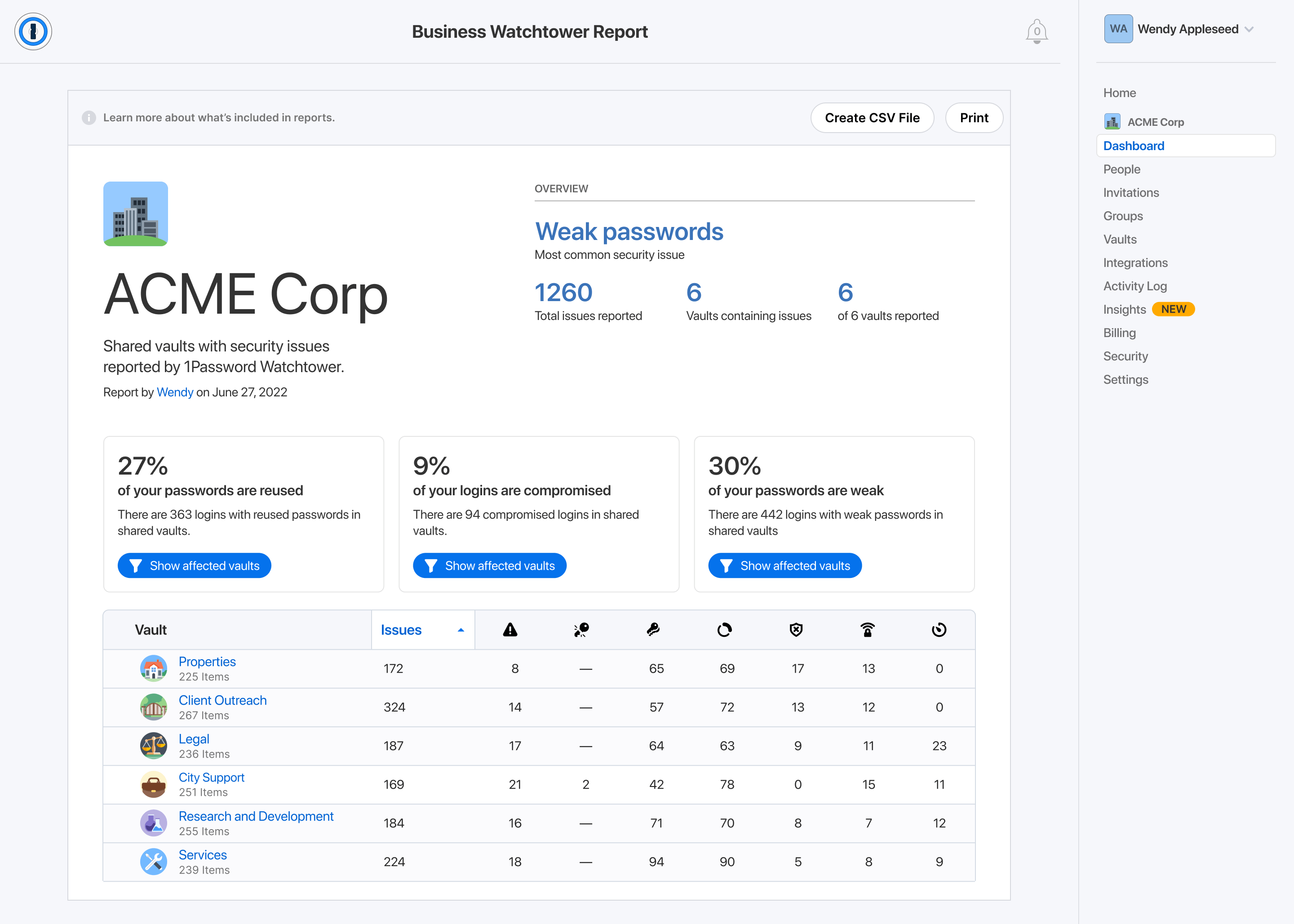 Watchtower report in 1Password Insights