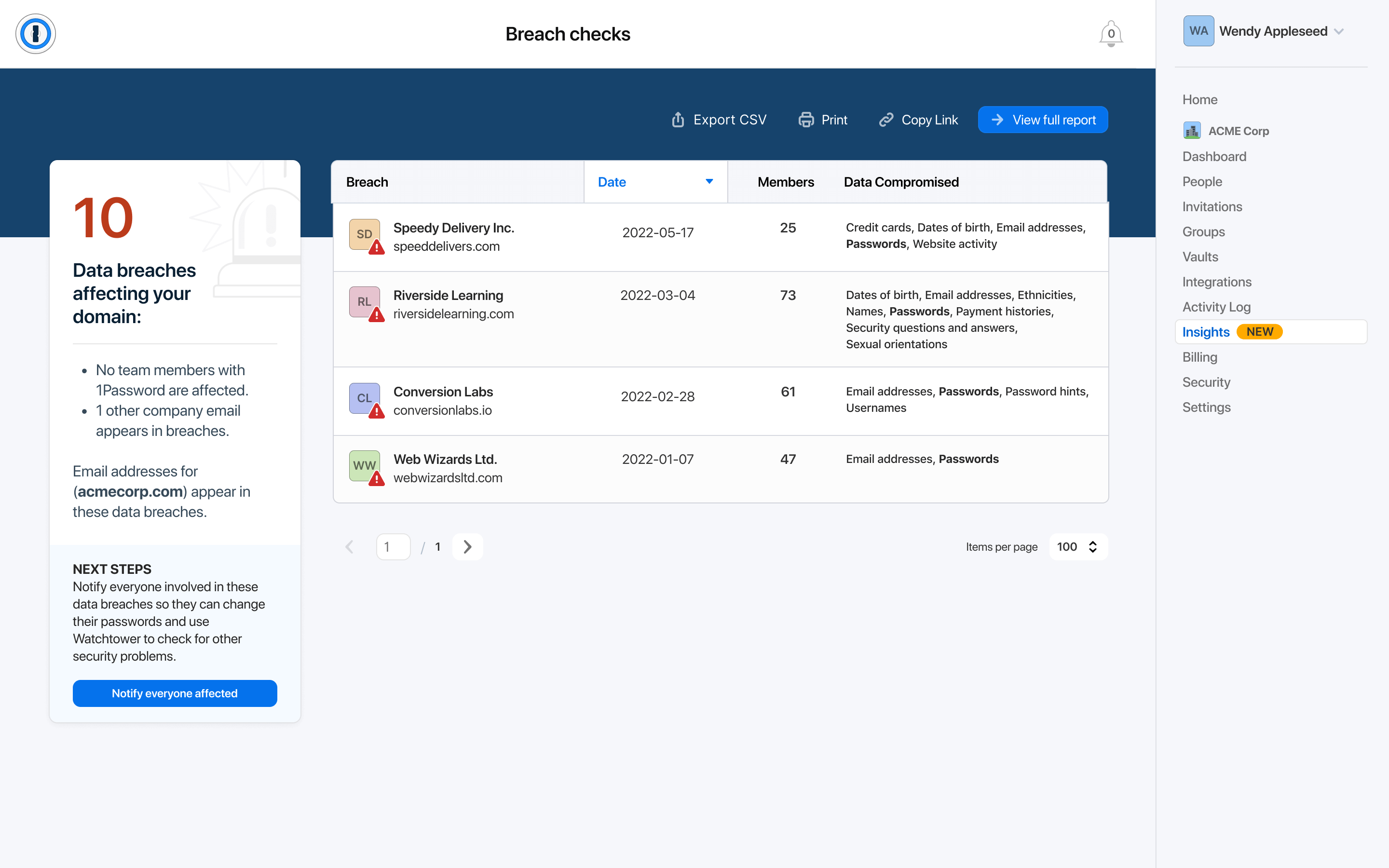 Breach checks in 1Password Insights