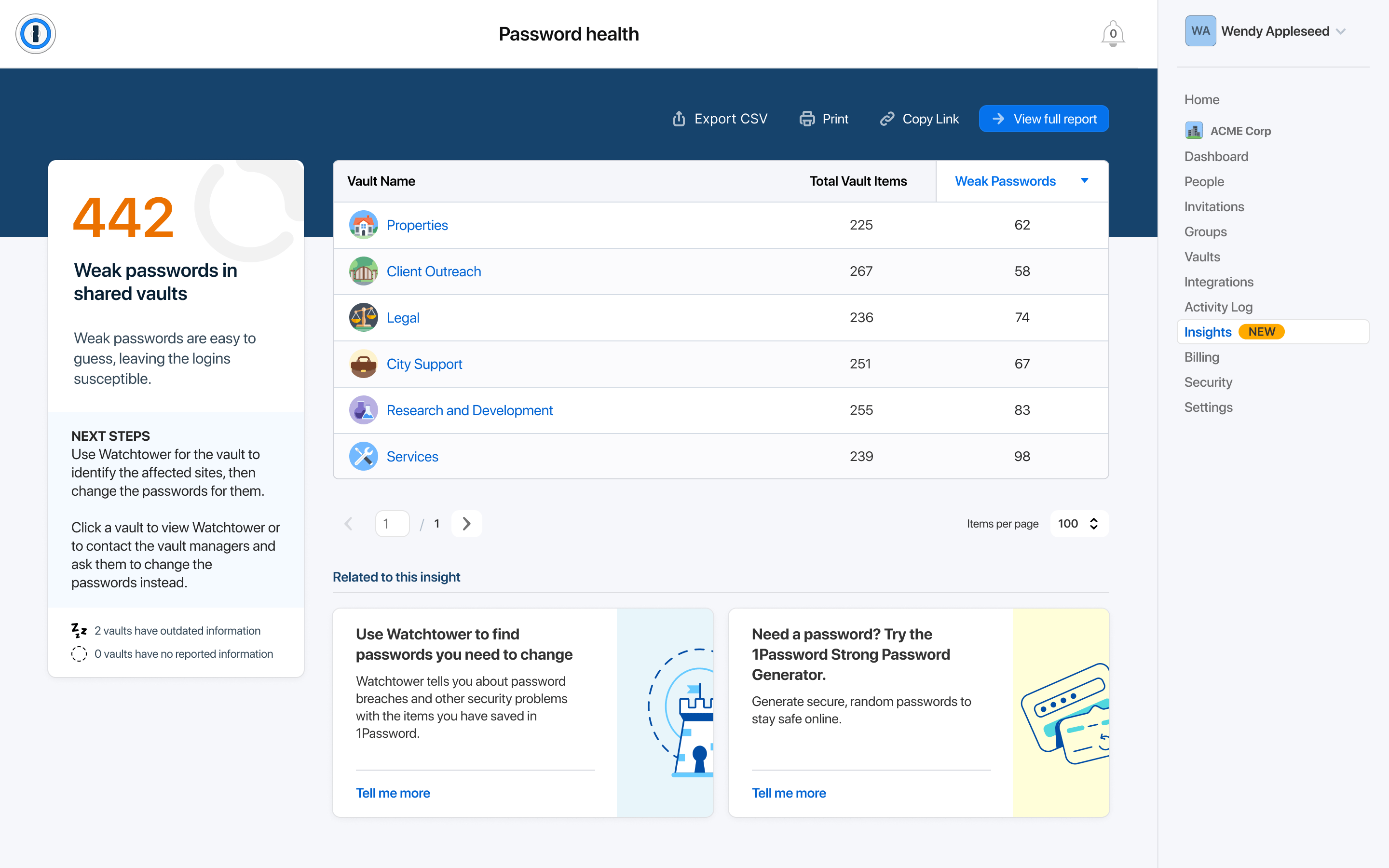 Checking password health in 1Password Insights