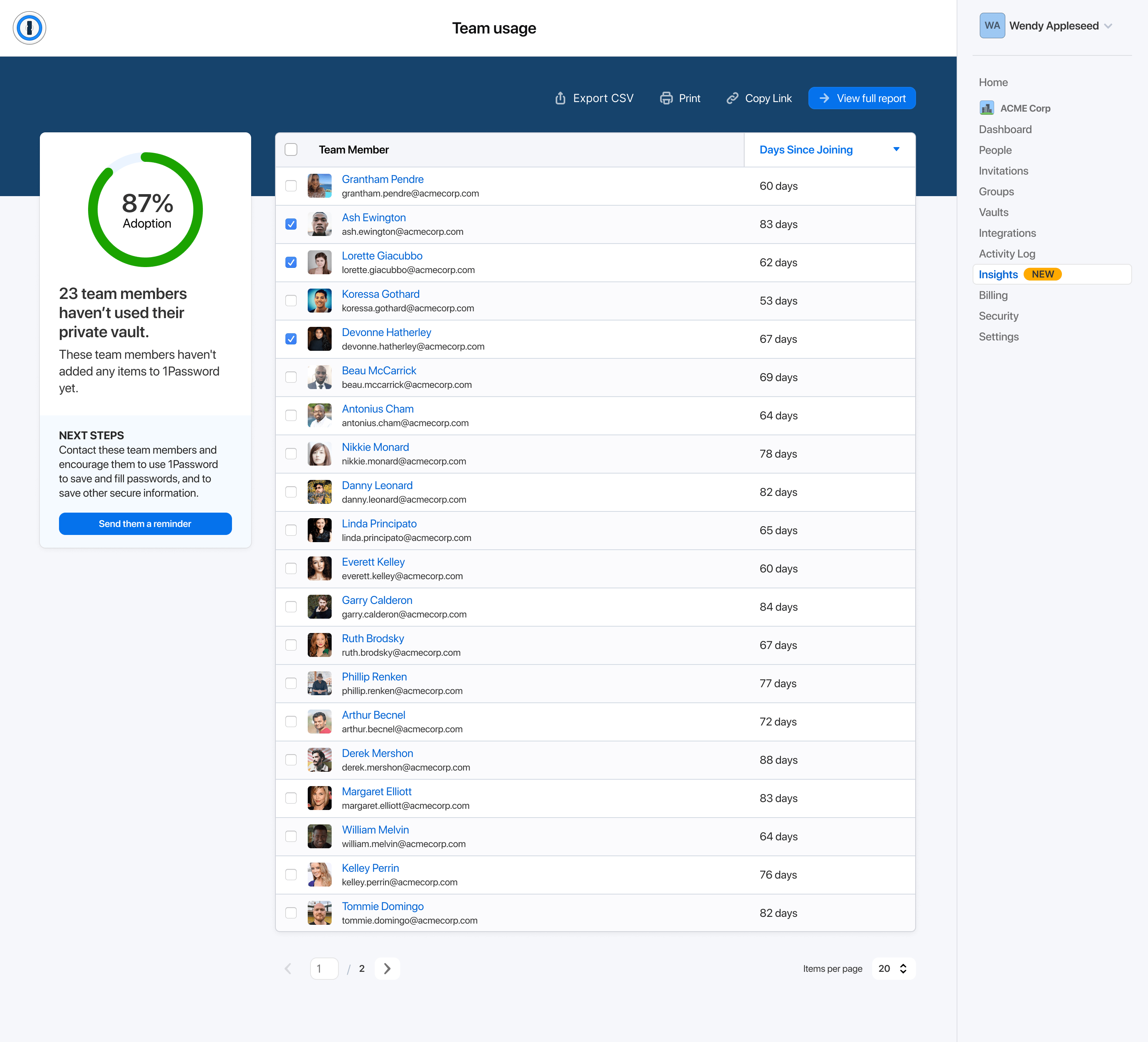 Team usage stats in 1Password Insights