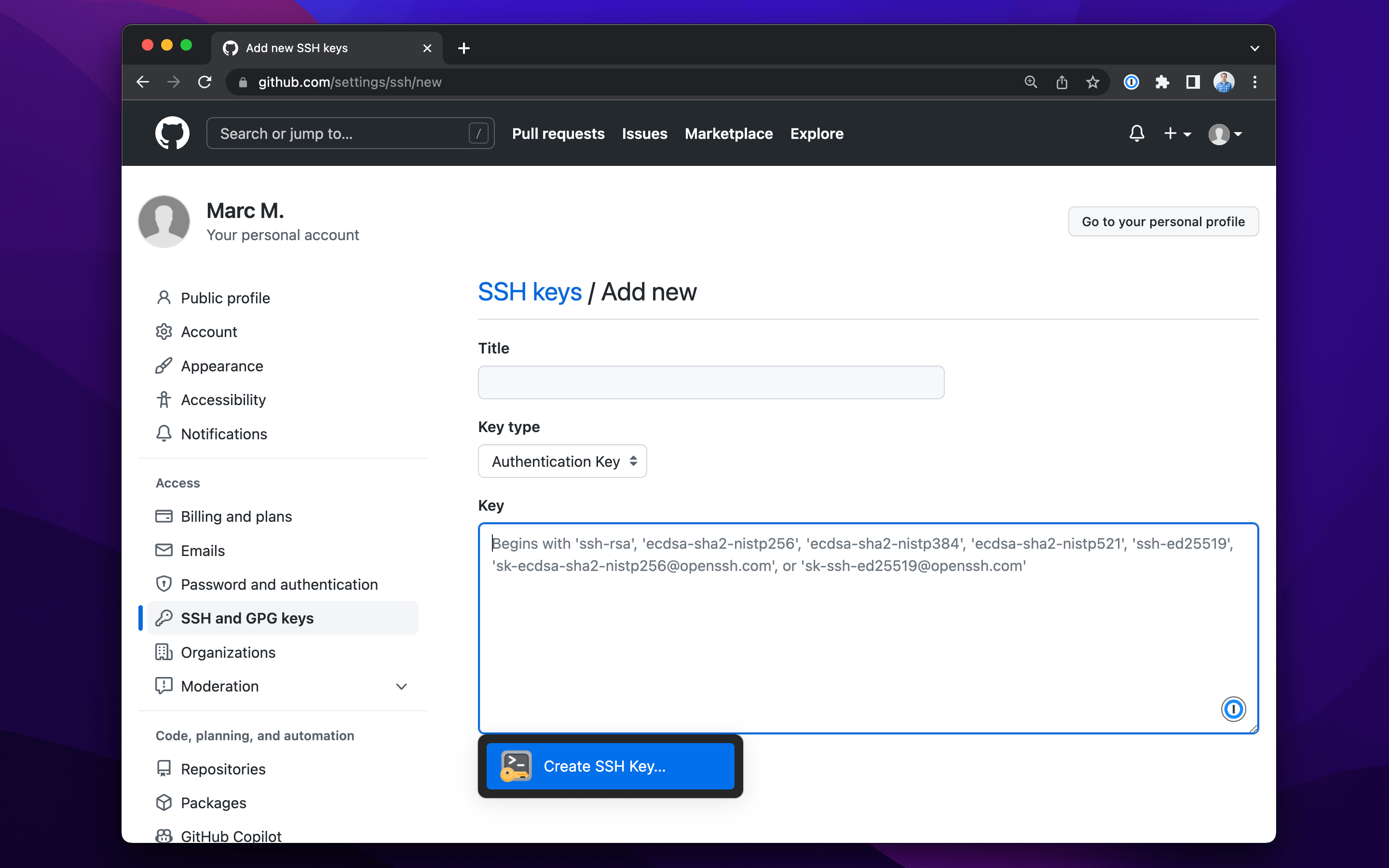 Web browser window pointed to github.com, displaying the screen to add a new SSH key. In the key field, 1Password offers to create a new SSH key.