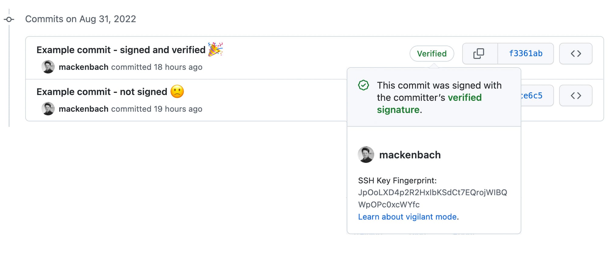 Screenshot of one signed and one unsigned Git commit, with an overlay confirming that the commit was signed with the committer's verified signature.