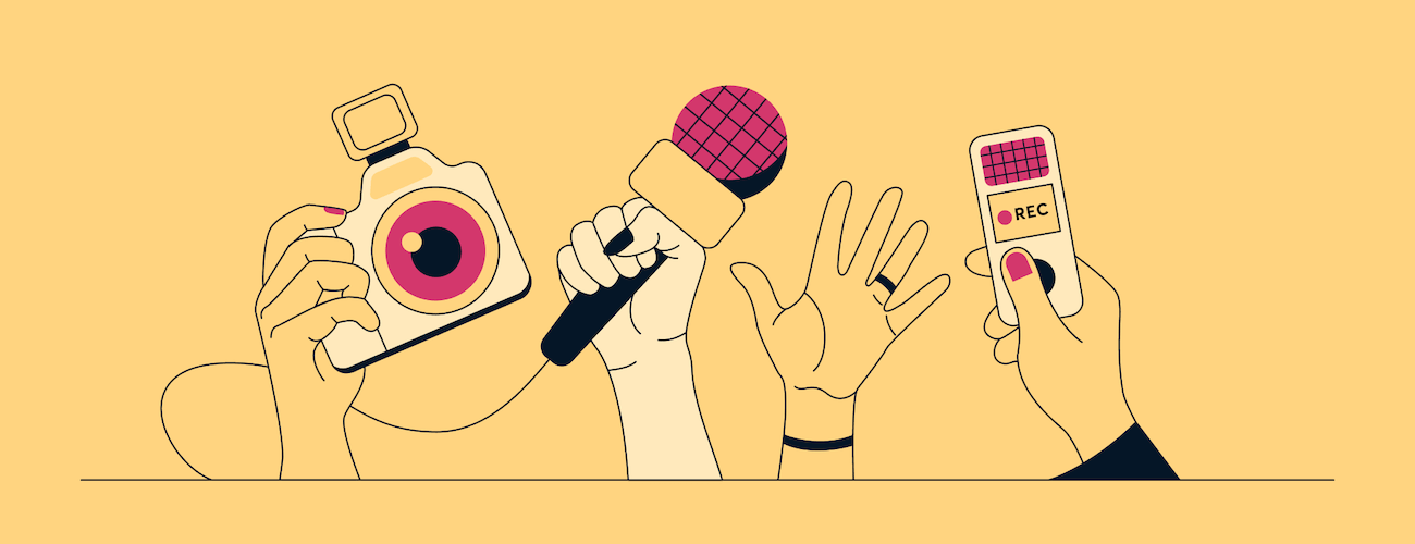 A series of hands holding a camera, microphone, and dictaphone. A fourth hand is raised, as if to ask a question.
