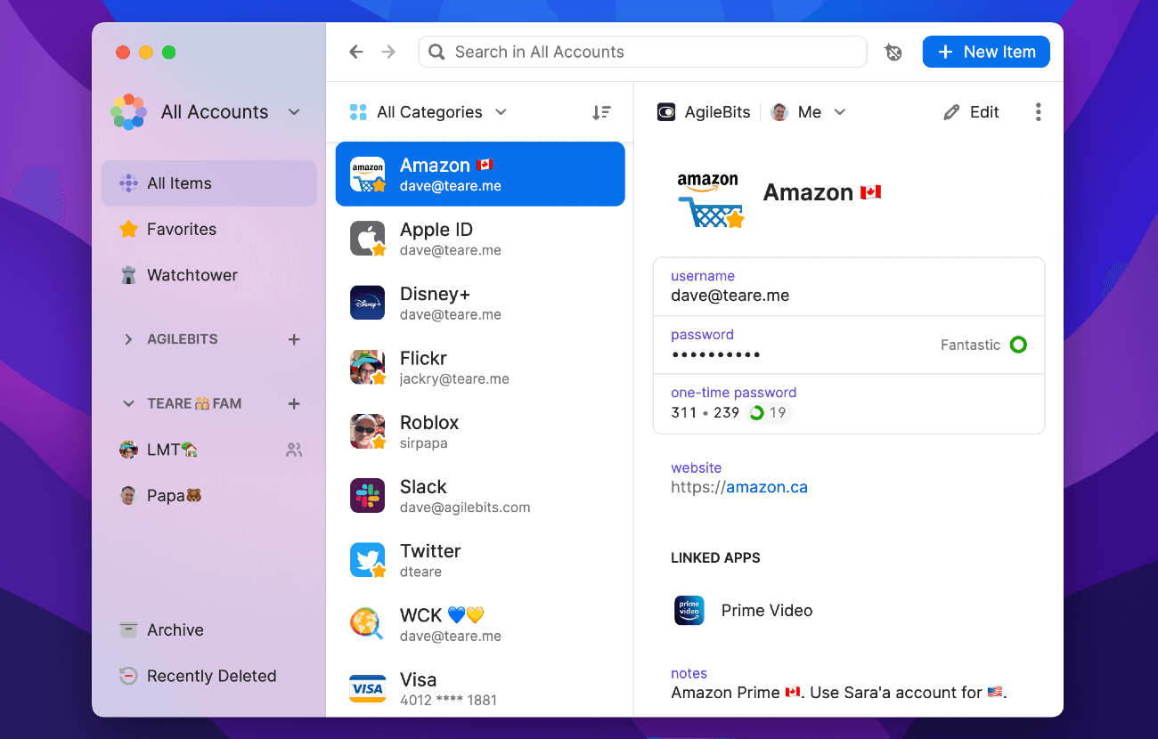 1Password 8 for Mac showing a number of saved items including an Amazon account