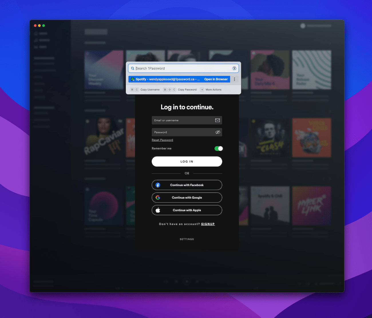 1Password for Mac Quick Access with a Spotify login item highlighted, despite there being no text in the search field, indicating that Quick Access automatically found the relevant login item with no input. Spotify for Mac is open in the background.