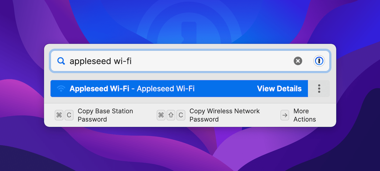1Password for Mac Quick Access window displaying search field with Wi-Fi item highlighted in search results. Options to copy the base station password and wireless network password are displayed at the bottom of the window.