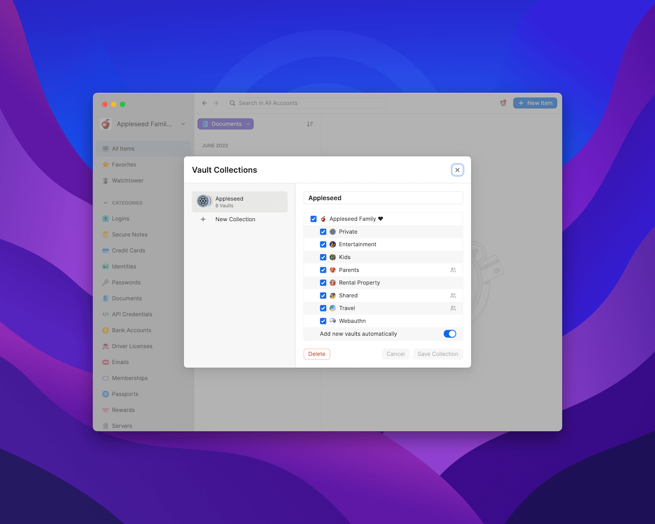 1Password for Mac displaying Vault Collections configuration dialog.