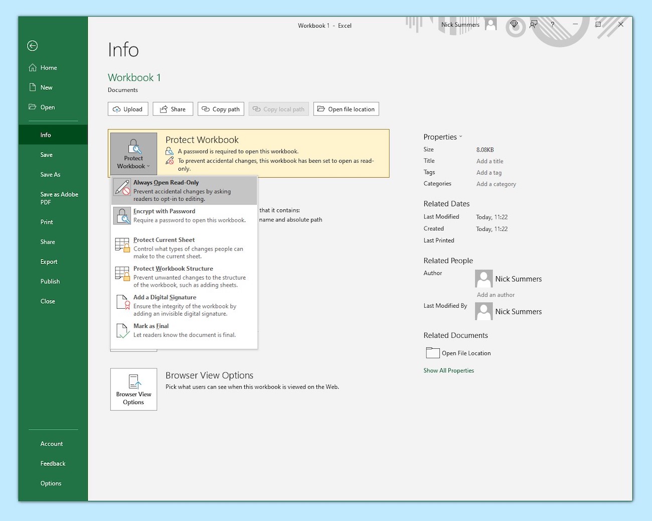 A screenshot captured on a Windows PC, showing how to set up an Excel spreadsheet so it always opens as read-only