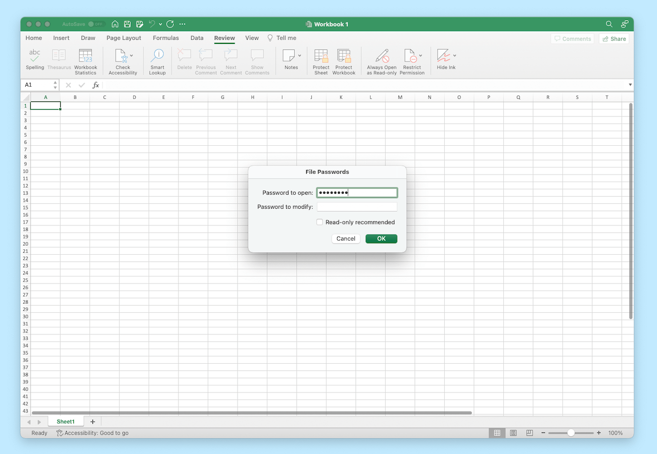 A screenshot captured on a Mac, showing how to set a password that's required to open an Excel spreadsheet.