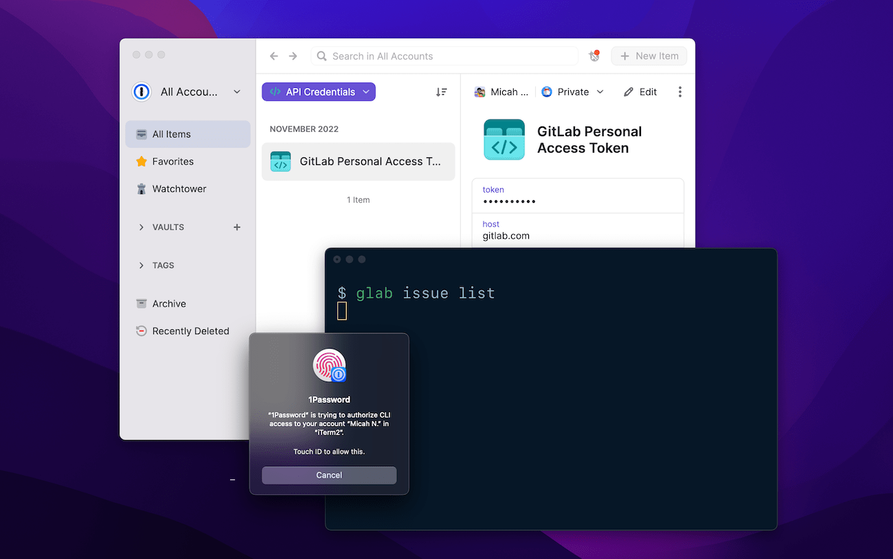 1Password for Mac displaying GitLab Personal Access Token item with Mac terminal and Touch ID authorization prompt in the foreground
