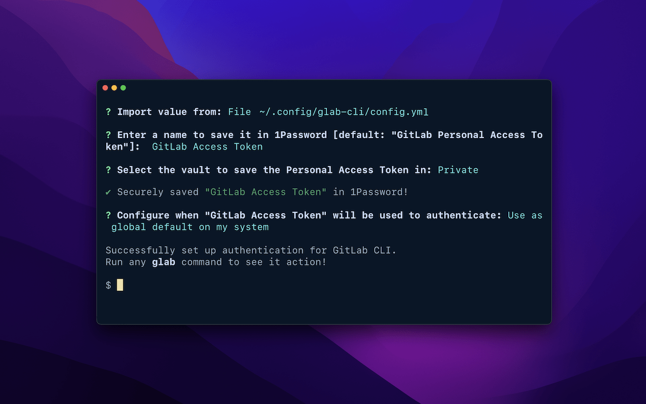 Mac terminal window displaying the process of saving a GitLab Access Token to 1Password