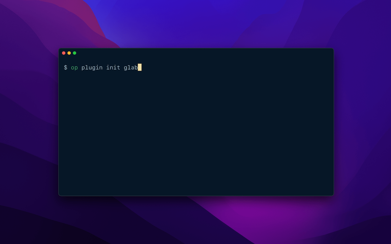 Mac terminal window displaying the command `op plugin init glab`