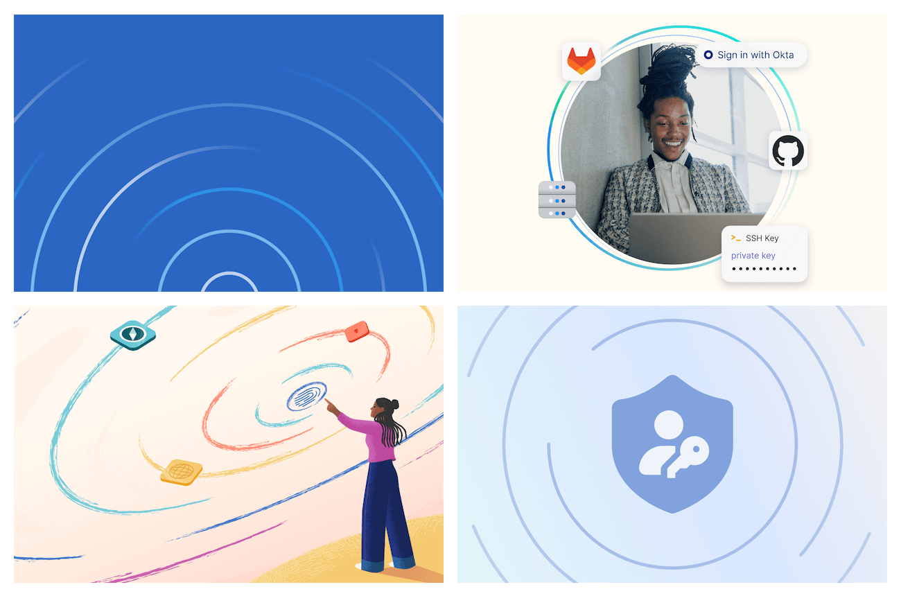 1Password's new lock and 'rings' concept, visualized in four different images.