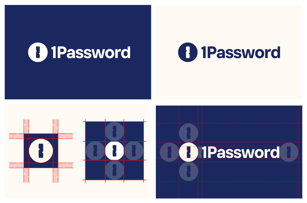 A design breakdown of 1Password's new word mark, shown in two different color combinations.