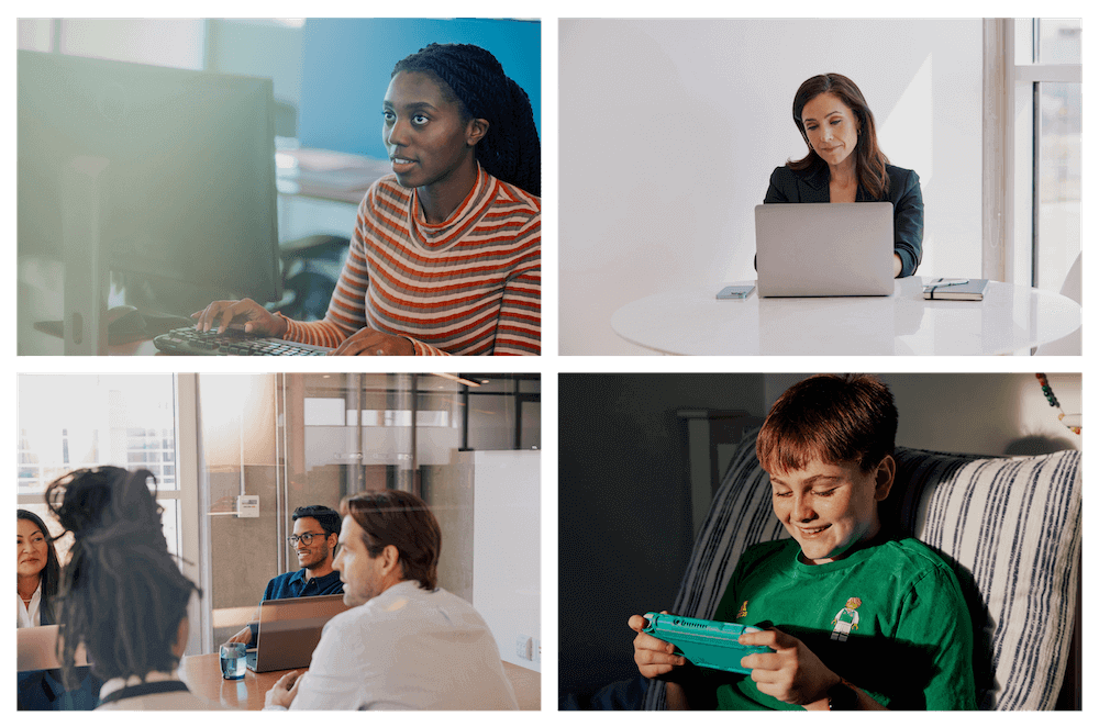 Four photographs of people working in an office.