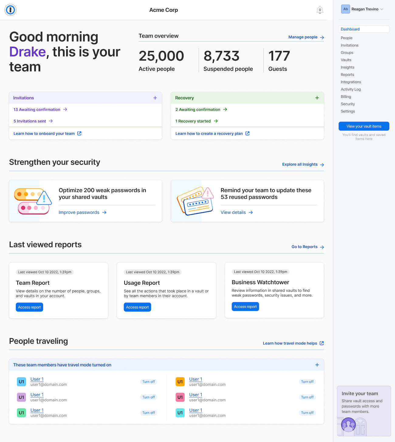 The 1Password Admin Dashboard showing the Team Overview, Insights, Reports, Travel Mode status, and team actions.