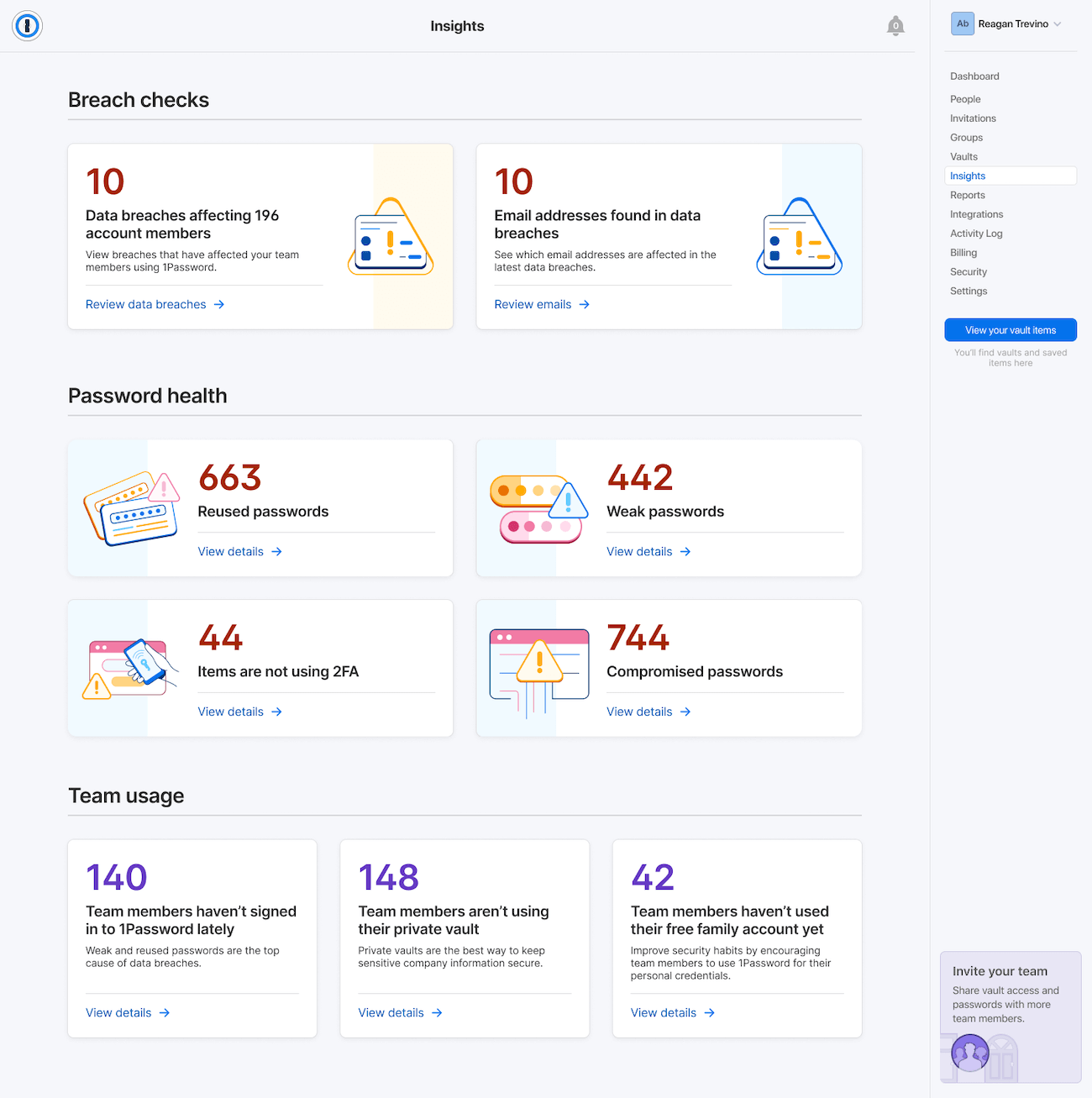 The 1Password Insights dashboard showing statistics like breach checks, password health, and team usage.