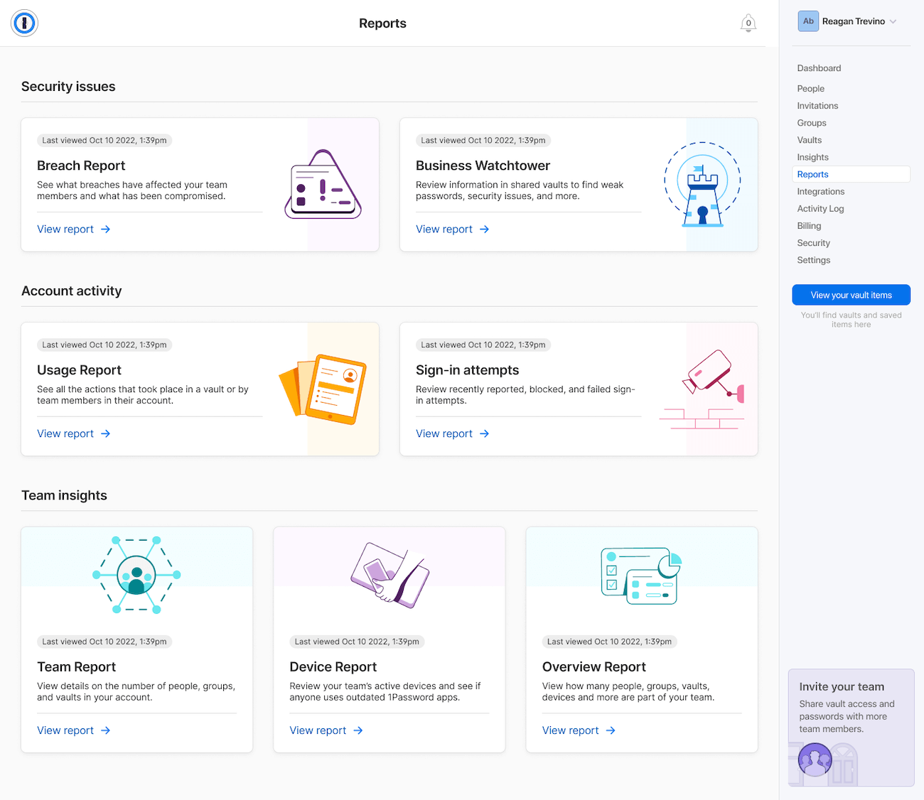 The 1Password Reports dashboard showing options for security issues, account activity, and team insights.