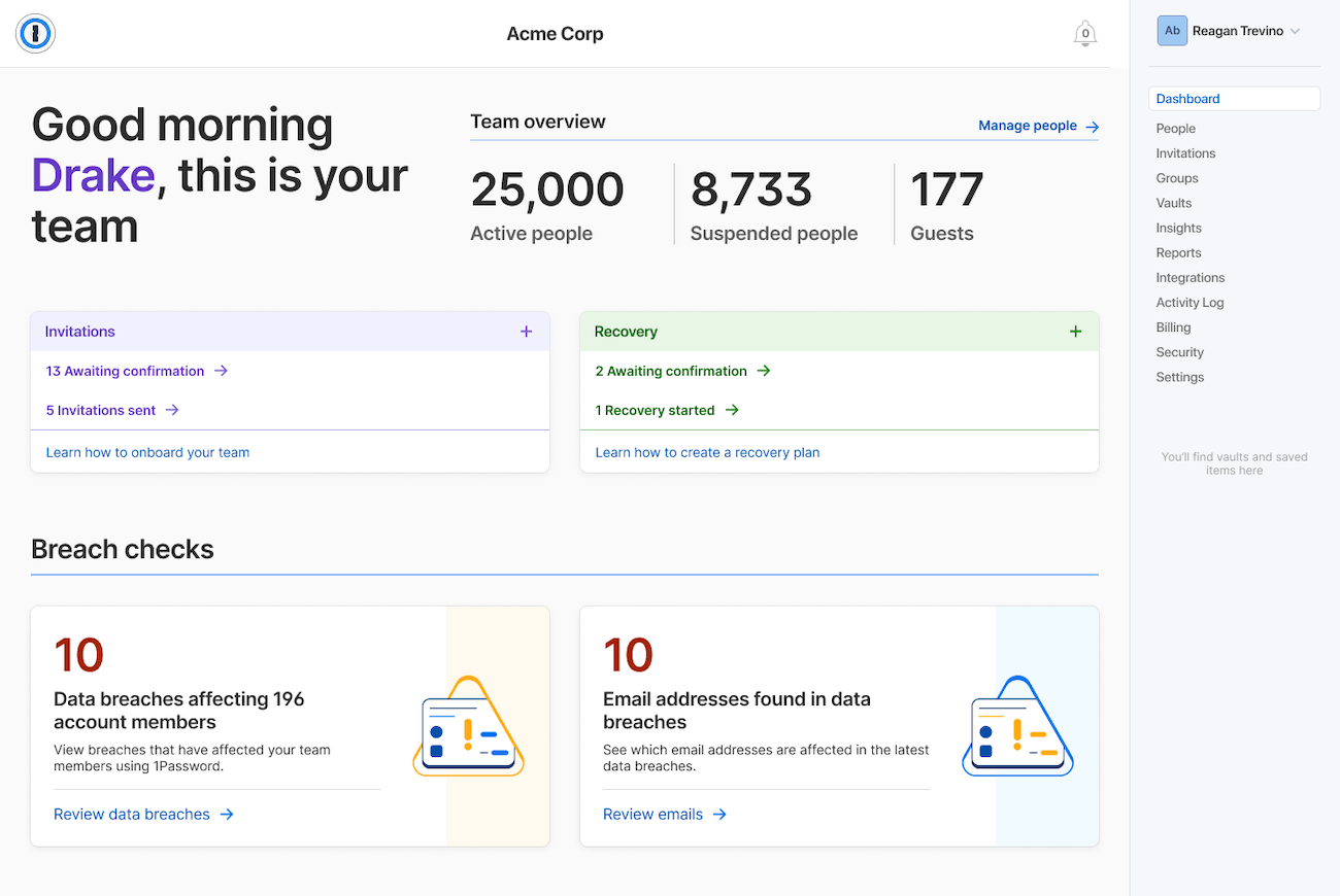 The 1Password Admin dashboard showing the team overview, invitations, and account recovery.