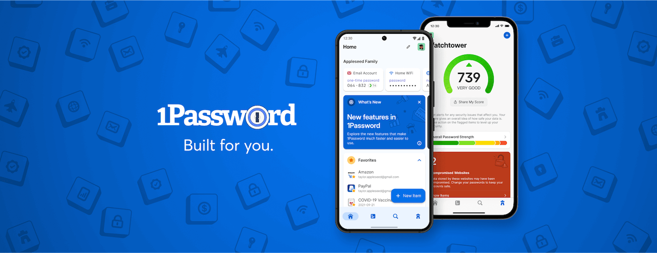 Two smartphones running the 1Password 8 mobile app.