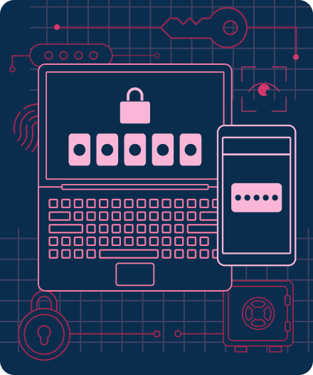 Illustration of a laptop and smartphone, each showing an obscured password.