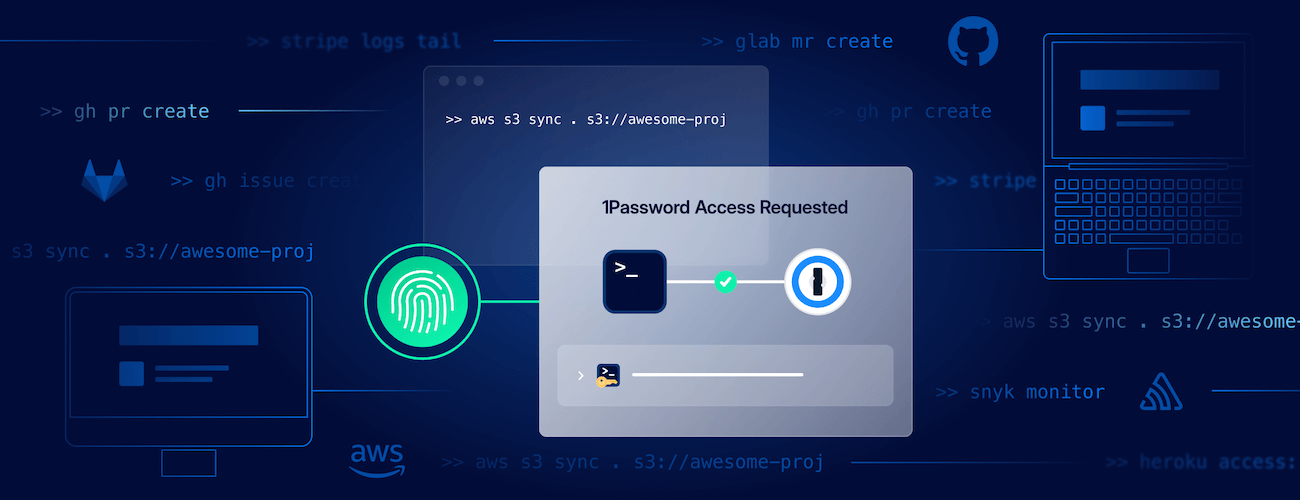 An illustration of a fingerprint being used to authorize a 1Password Shell Plugin in CLI.