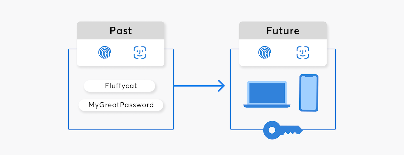 A diagram showing the 'past', where biometrics are used to mask traditional passwords, and the 'future', where biometrics are used to authenticate when you want to use a passkey.