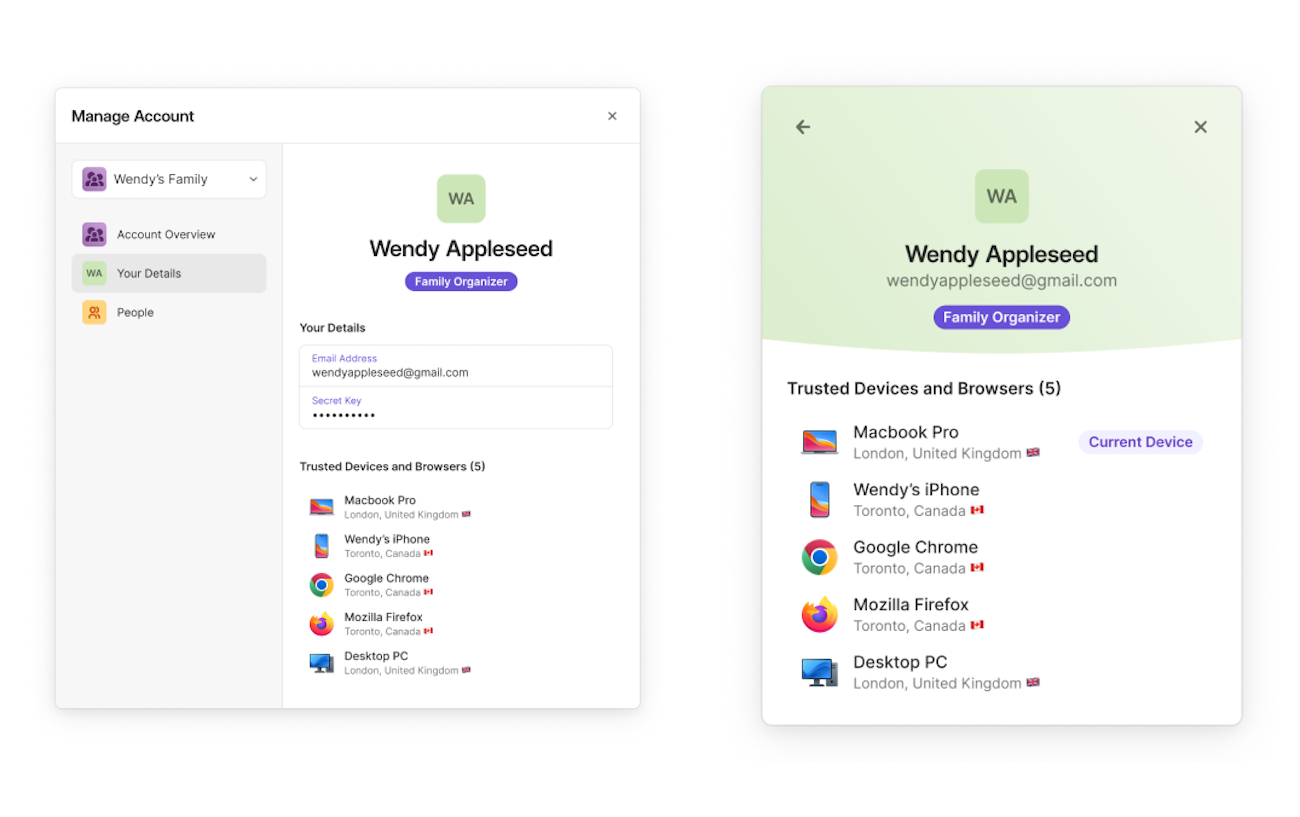 A screenshot of the 1Password app showing the trusted devices of a Family Organizer in the Your Details menu and a second screenshot of the 1Password app showing a list of trusted devices and browsers, along with the current device in use.