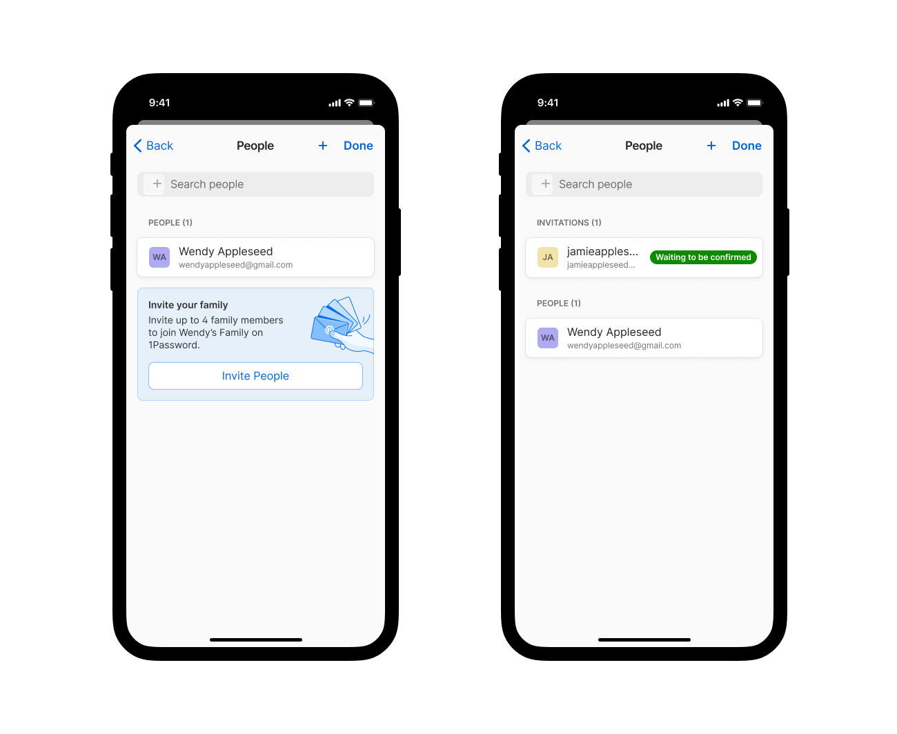 An iPhone screenshot showing the 1Password app open on the People menu with the option to invite your family to your account and a second iPhone screenshot showing the 1Password app open on the People menu showing an account member with the status of waiting to be confirmed.