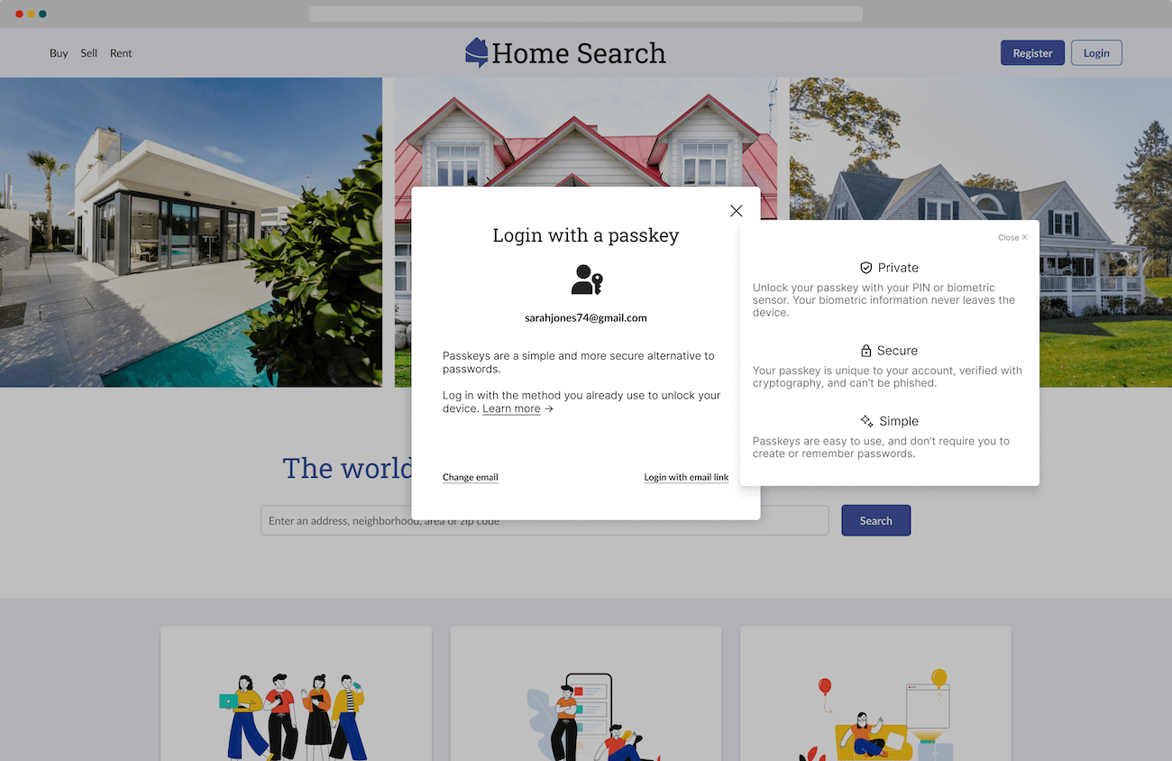 A screenshot of a property website with a Passkey Flex login window.