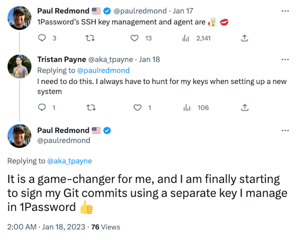 A tweet from Twitter user 'Paulredmond' that reads: It's a game-changer for me, and I am finally starting to sign my Git commits using a separate key I manage in 1Password.