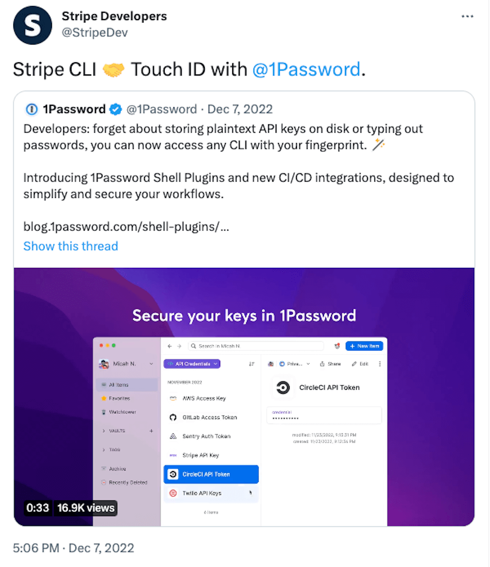 A tweet from Twitter user 'StripeDev' that reads: Stripe CLI :handshake::skin-tone-2: 1Password.