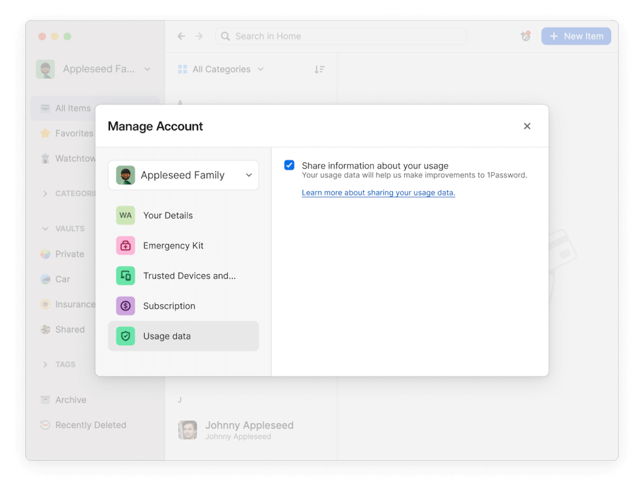 A screenshot showing the settings menu in 1Password where customers can update their telemetry preference.