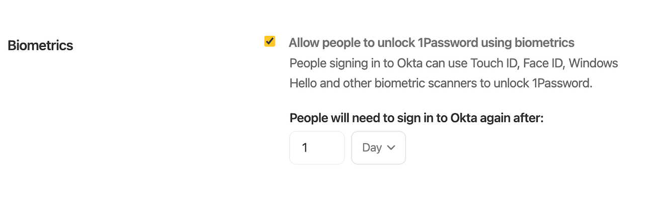 A screenshot of a checkbox allowing users to unlock 1Password with biometrics.