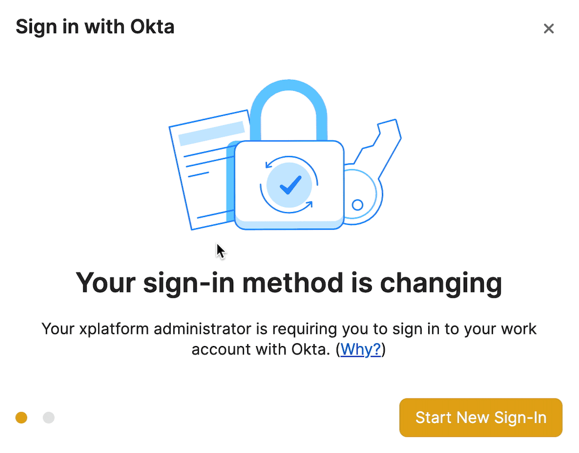 Screenshot of a notification in the 1Password app, telling the user their sign-in method is changing.
