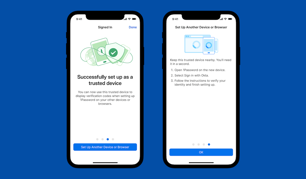 Two iPhones side-by-side. The first displays confirmation that the device is now a trusted device. The second offers instructed to set up another device.