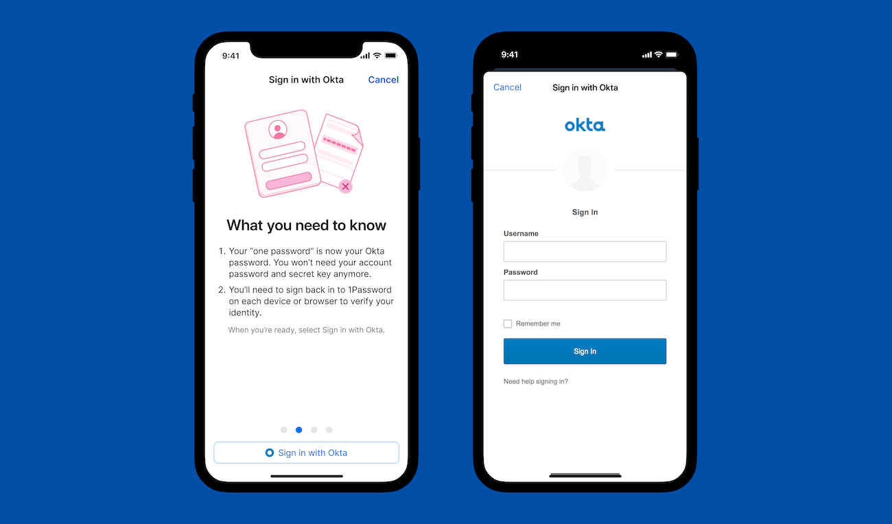 Two iPhones side-by-side. The first displays a guided setup with an option to sign in to Okta. The second displays the Okta sign-in screen.