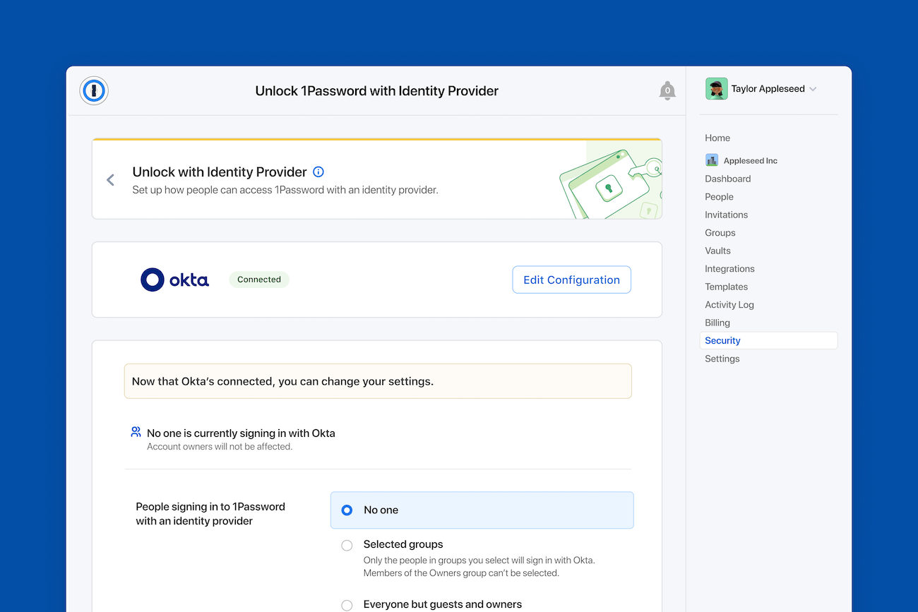 1Password Admin Dashboard displaying the Unlock with Identity Provider setup confirmation, with options to change settings.