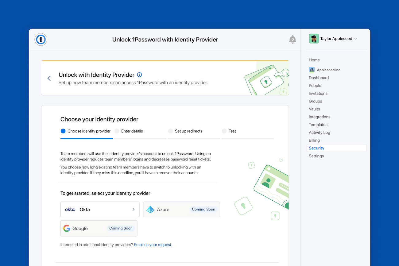 1Password Admin Dashboard displaying the Unlock with Identity Provider setup screen.