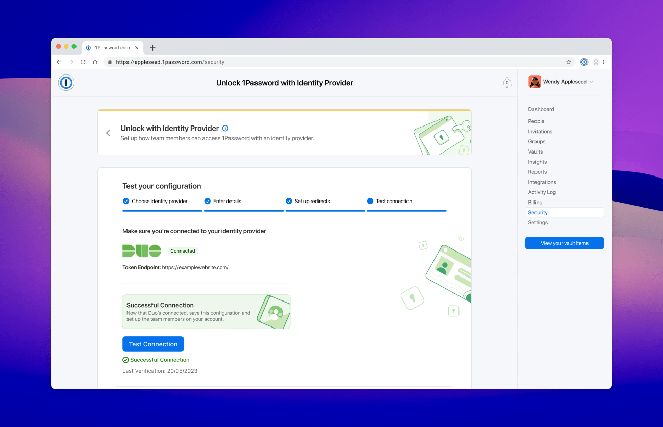Successfully connected 1Password to Duo