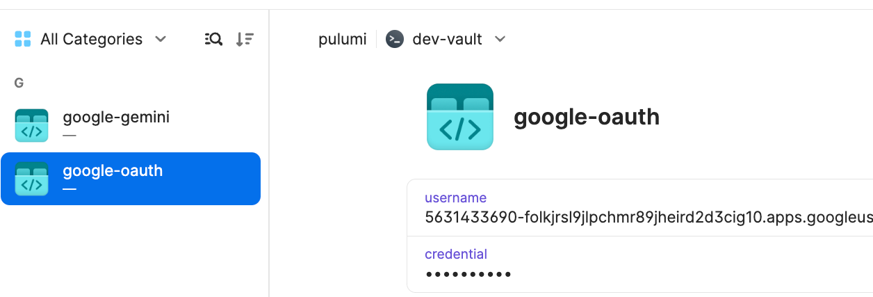 An item titled 'google-oauth' saved in a 1Password vault titled 'dev-vault'.